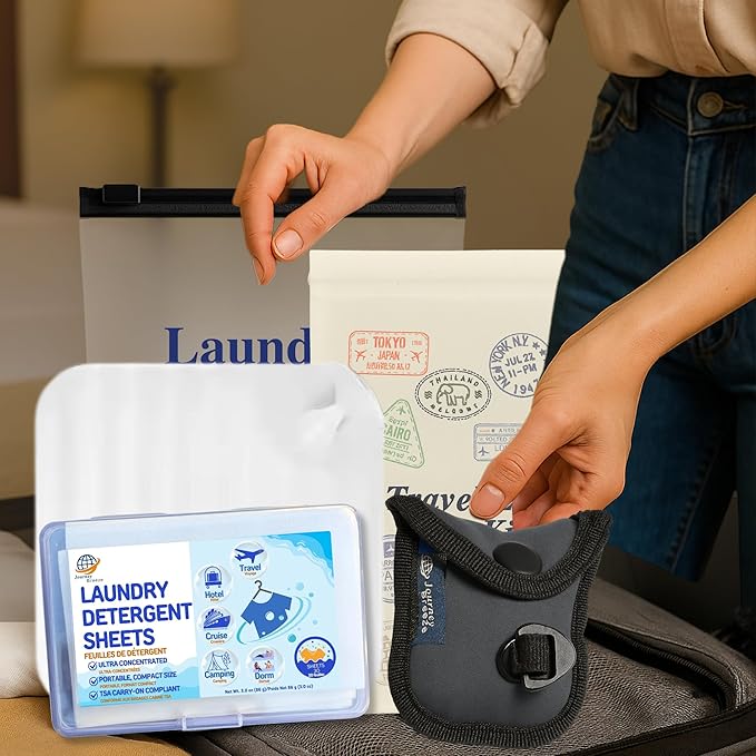 Travel Laundry Detergent Sheets, Portable Clothesline with Universal Sink Stopper – Lightweight Clothesline, Laundry Detergent Sheets & Sink Stopper best for Cruise, Hotel, Camping & On-the-Go Washing
