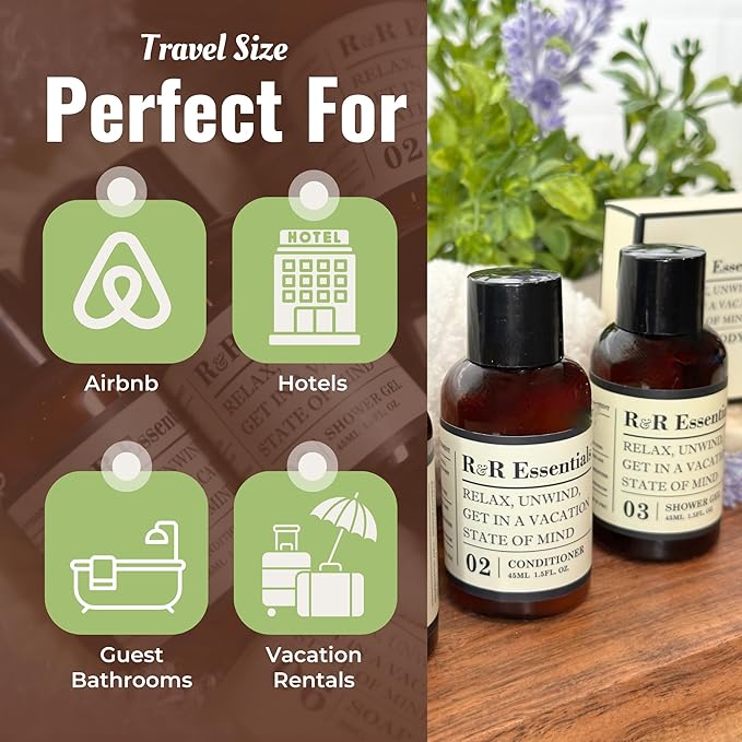 R&R Essentials Hotel Soaps and Toiletries Bundle, Vacation Home Amenities Kit - 1.5oz Shampoo, Conditioner, Shower Gel, Lotion And 2 Bar Soaps - Travel Size (120 pc)