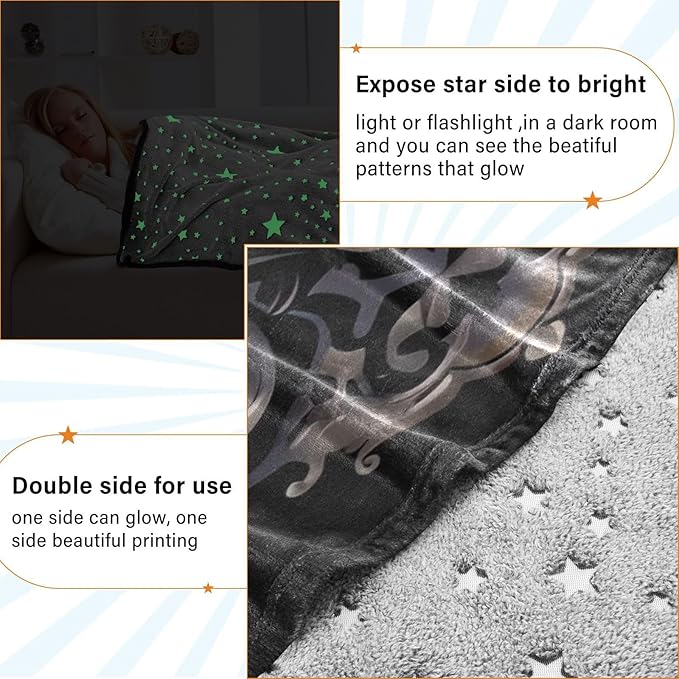 Black Owl Travel Blanket Glowing in The Dark, Soft 2 in 1 Airplane Blanket 65" x 55", Foldable as Pillow, Luggage Sleeve & Backpack Clip