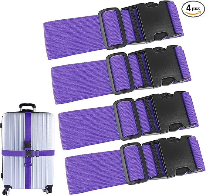 4Pcs Luggage Straps for Suitcase Travel Accessories TSA Approved, 80In Long Belts to Keep Your Suitcase Secure, Adjustable Bag Straps with Quick-Release Buckle for Travel Bag Closure, Purple