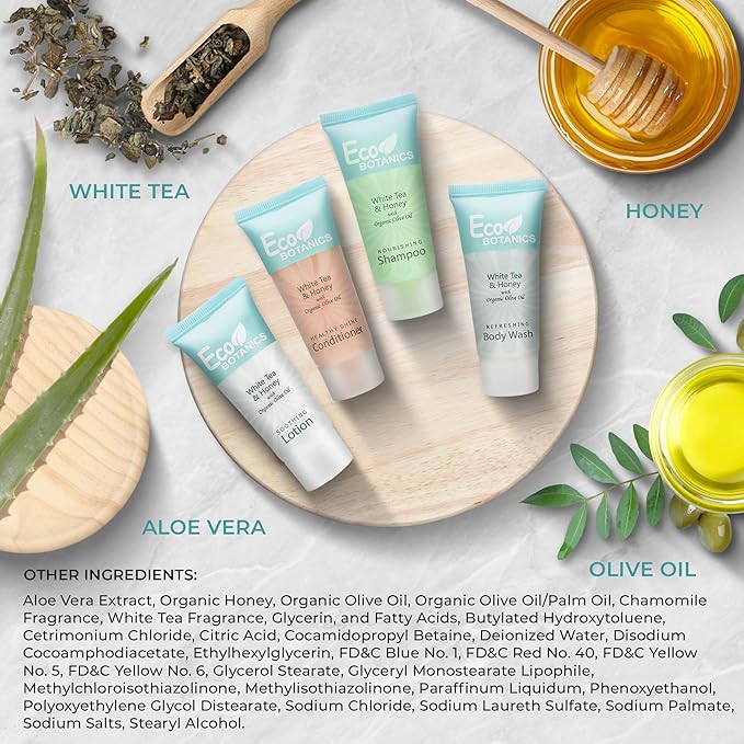 Travel Size Hotel Toiletry Set 80 Count 0.85 oz Bottles Guest Amenities for Vacation Rentals and Short Term Rentals Paraben Free White Tea Scent Infused with Aloe and Olive Oil by Eco Botanics