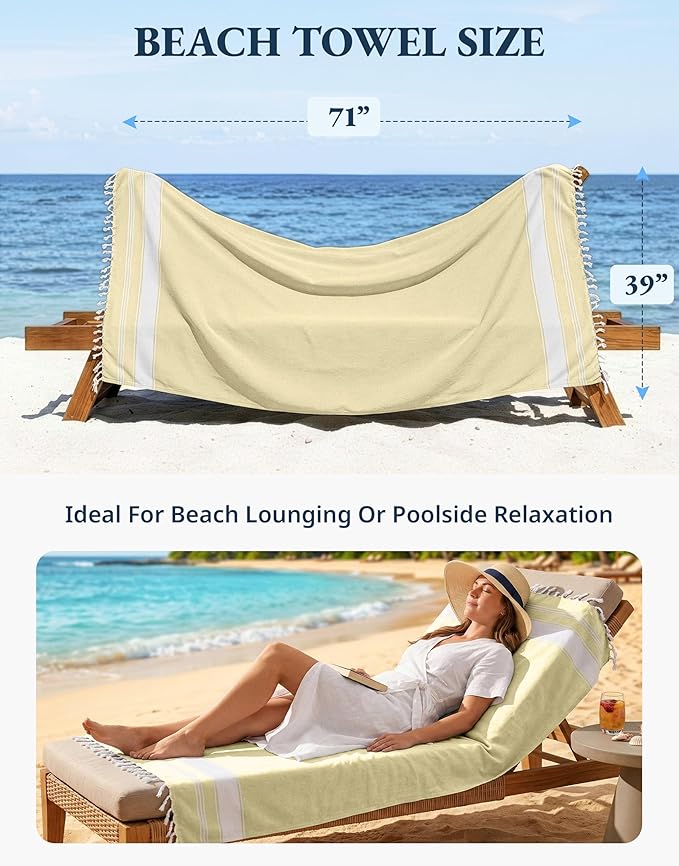 LANE LINEN Large Beach Towel, 2 Pack Turkish Beach Towels Set, Lightweight Towel for Adults, 39"x71" Oversized Pool Towels, Absorbent, Quick Dry, Durable Sand Proof Beach Towel - Yellow
