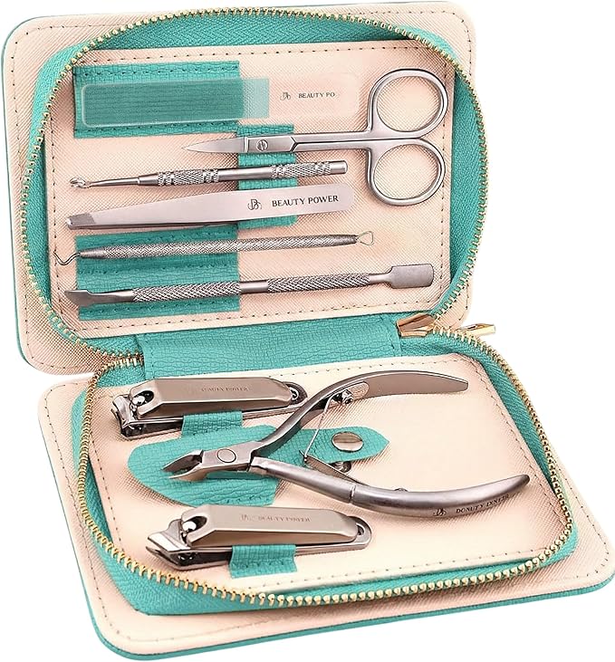 Beauty Power 9 in 1 Professional Manicure Pedicure Set - Stainless Steel Nail Clippers, Nano File, Cuticle Nipper, Scissors, Tweezers, Travel PU Leather Case for Men & Women - Gift Ready New (Blue)