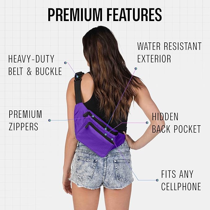 Purple Fanny Pack Belt Bag I Mens Fanny Packs for Women Fashionable - Crossbody Bag Bum bag Waist Bag Waist Pack - Hands Free for Hiking, Running, Travel, Waterproof and more