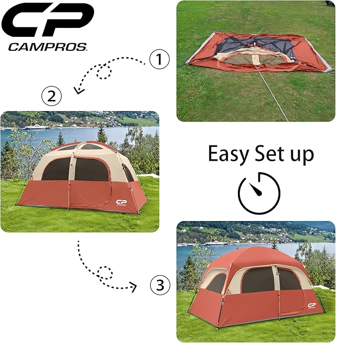 CAMPROS CP Upgraded 6/8 Person Camping Tents, Waterproof Windproof Family Tent with Larger Mesh Windows & Door, Double Layer, Easy Set Up, All-Season Dome Tent with Top Rainfly & Carry Bag