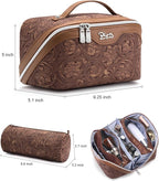 BOYATU Travel Makeup Bags Cosmetic Organizer Bag: 3 Pcs Set Large Capacity Floral Make up Bag with Compartments - Waterproof Leather Toiletry Bags with Handle for Women (19-Brown)