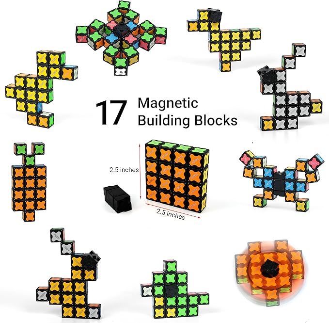 TOSY Magnet Fidget Spinner Glow - 16 Blocks, 3in1 Toy: Transformable Fidget Spinner, Infinity/Puzzle Cube, Easter Basket Stuffers Gift for Kids/Adults, Glowing STEM Sensory Stress Relief