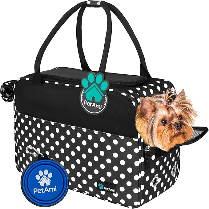 PetAmi Dog Purse Carrier for Small Dogs Cats, TSA Airline Approved Soft-Sided Pet Carrier with Pockets, Ventilated Travel Tote Bag with Bed & Shoulder Strap, Puppy Kitten, Max 12 lbs, Polka Dot Black