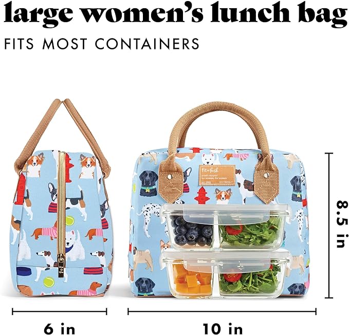 Fit & Fresh Insulated Lunch Bag for Women - Large Leakproof & Stain-Resistant Box With Containers, Zipper Closure - Bloomington, Dogs Theme