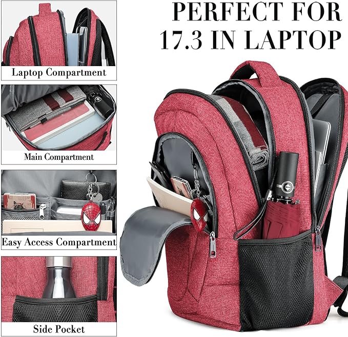BIKROD Unisex Rose Laptop Backpack, Suitable for College Students, 17-inch Laptop Compartment, Spacious Interior, USB Charging Port, Anti-Theft Design, Comfortable Back Panel