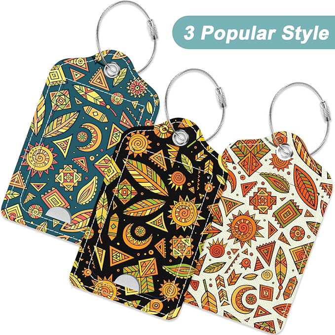 Rimilak 3 Pcs PU Leather Luggage Tags for Suitcase, Travel Cruise Luggage Tag with Privacy Flap, Name ID Label and Metal Loop for Women Men Baggage Handbag School Bag Backpack, Abstract Datura