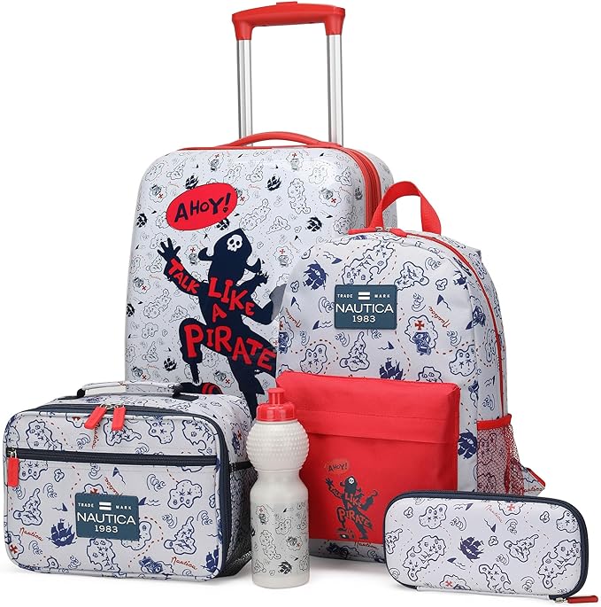 Nautica Kids Luggage - 18" Airline Approved Rolling Hardside Upright Carry-on Suitcase Set with Wheels (Pirate Ahoy | 5pc School Set)