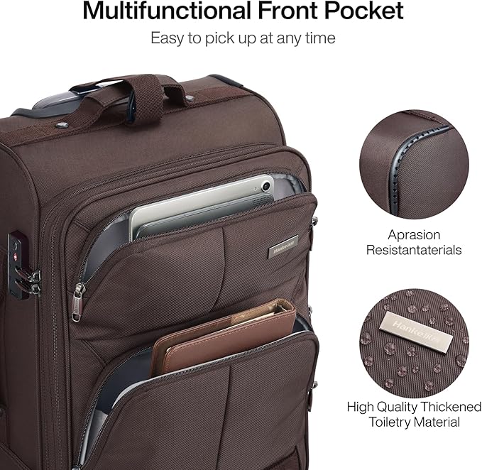 Hanke 24 inch Softside Expandable Luggage with Spinner Wheels, Medium Size Suitcase Checked Luggage Travel Luggage Rolling Suitcase,Coffee