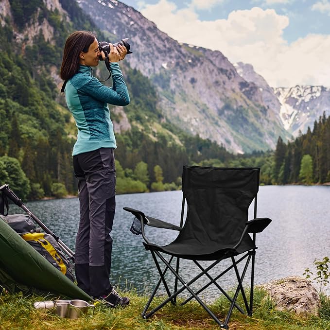2 Pack Lightweight Folding Camping Chairs, Outdoor Lawn Beach Chair with Cup Holder & Carry Bag for Travel, Fishing, Picnic, Backyard, Hiking (Black, Medium)