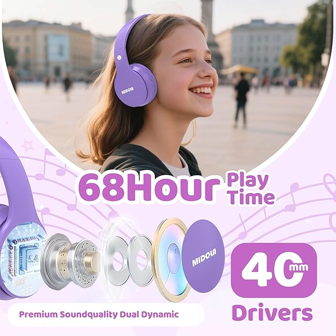 MIDOLA Kids Bluetooth Headphones 68H Play Time,Volume Limit 85/94dB, Foldable Lightweight Wireless Over-Ear Headphone for Kid Toddler Child Pad Tablet,Headsets with Built-in Mic Light Purple