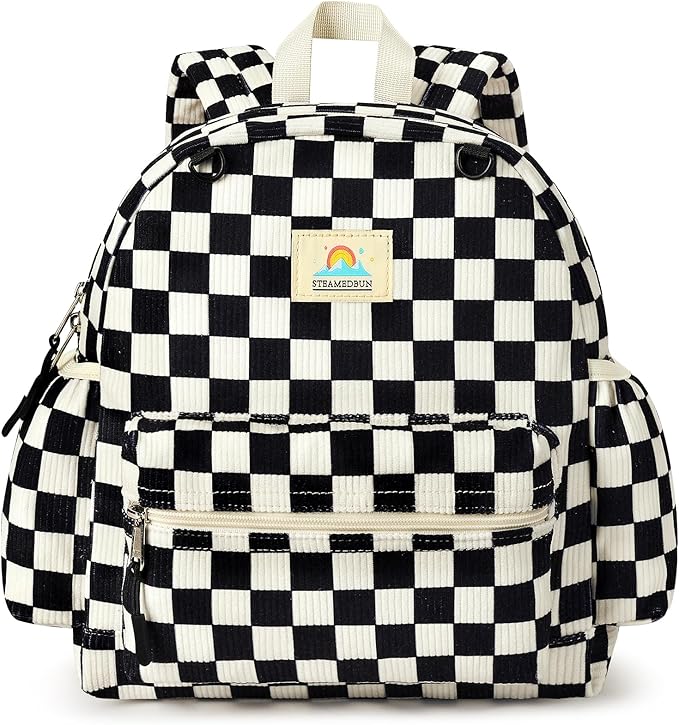 STEAMEDBUN Corduroy Toddler Backpack for Boys 2-4: Kids backpack for Boys Girls - 12 inch Preschool Kindergarten Backpacks - Checkered