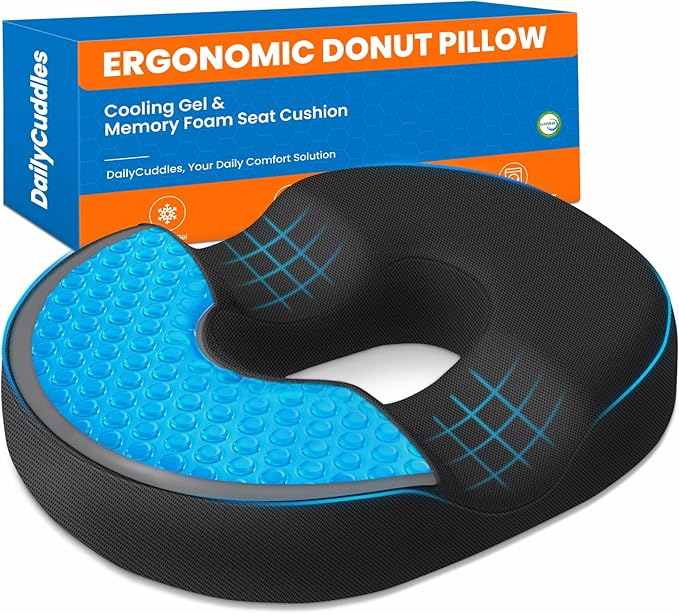 Donut Pillow for Tailbone Pain, Hemorrhoids - Cooling Gel Memory Foam Chair Seat Cushion for Office, Home & Wheelchair, Ergonomic Chair Pad for Pregnancy, Sciatica, Coccyx (Large, Black)