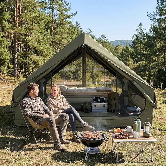 VINGLI Inflatable Camping Tent, All-Weather Inflatable Hot Tents with Stove Jack, Blow Up Tent for Camping with Mesh Doors & Windows, Inflatable Air Tents for Camping Adult