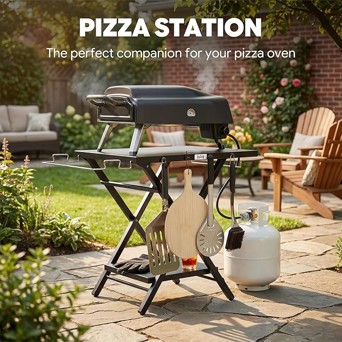 Feasto Folding Grill Table, Pizza Oven Table & Portable Table with Bottom Shelf, Tool Hooks, Trash Bag Holder & Paper Towel Rack, Grill Stand for Pizza Oven & Tabletop Griddle (Black)