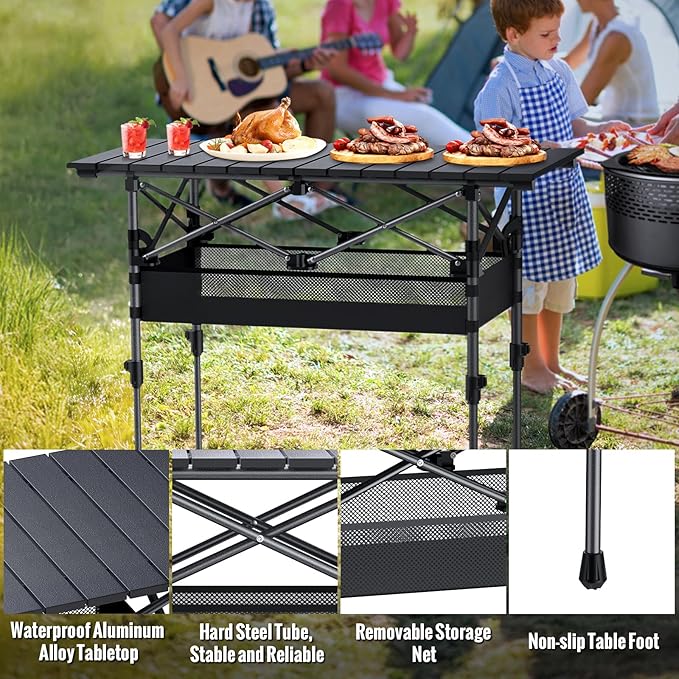 GARLLEN Folding Camping Table, 2-Height Adjustable Portable Roll-up Camping Table with Storage Net, Lightweight Aluminum Picnic Table with Carrying Bag for Cooking, BBQ, Outdoor, 32.2" L x 15.7" W