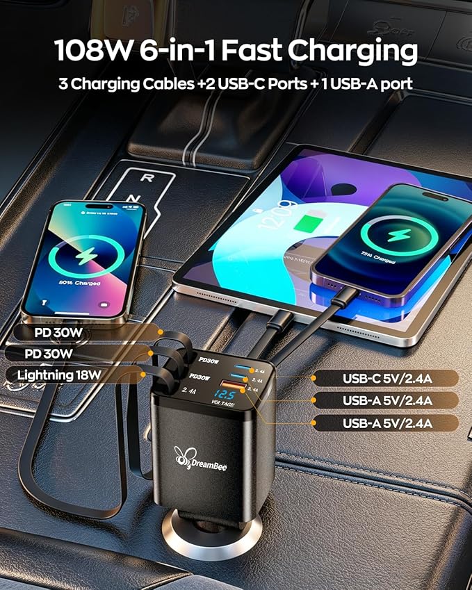 DreamBee Retractable Car Charger,108W 6 in 1 Super Fast Car Phone Charger with 3 Cords 31.5INCH, USB C Car Charger Adapter for iPhone 17/16/15/14/13 Pro Max XR,iPad,Samsung,Pixel