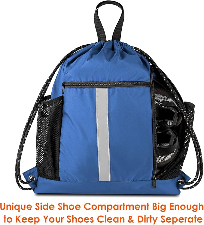 BeeGreen Royal Blue String Backpack Bag Cinch Sack with Shoe Compartment and Two Side Mesh Pockets Lightweight Sturdy Drawstring Gym Sackpack 1 Pack for Unisex