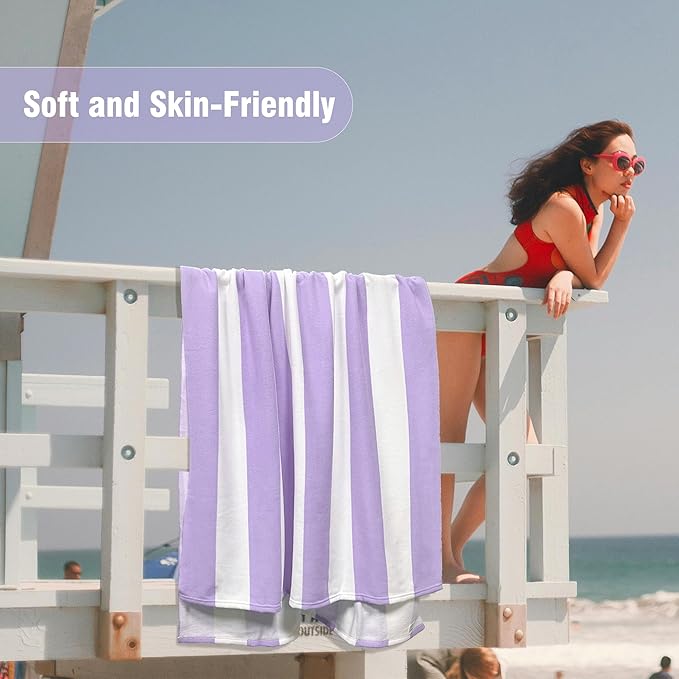 HENBAY Large Oversized Beach Towel - 35 x 70 Inch Microfiber Pool Towel, Purple Striped Quick Dry Cabana Swim Towel
