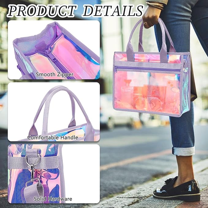 Fammart Iridescent Clear Beach Bag for Women, Jelly Tote Bag Waterproof Sandproof Pool Bag Cruise Vacation Essentials