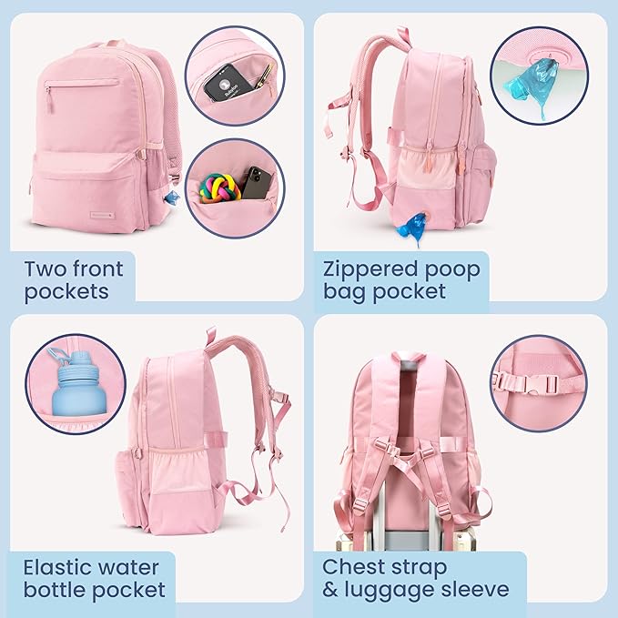 Dog Travel Bag for Supplies - Complete Dog Diaper Bag Backpack with 2 BPA-Free Travel Bowls, Treat Pouch, Food Container, Placemat & Laptop Sleeve – for Traveling, Road Trips, Hiking: Dusty Pink