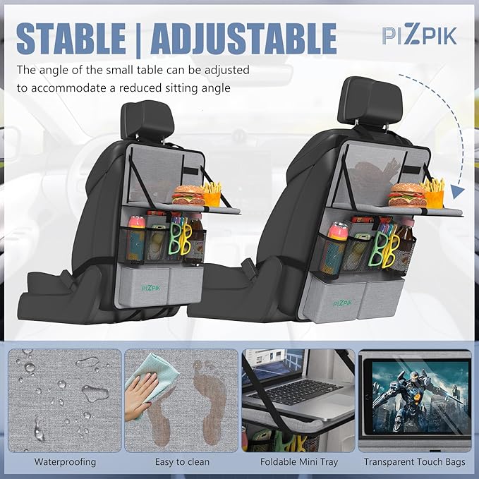 Plzpik Car Backseat Organizer with Tablet Holder,11 Storage Pockets with Foldable Food Tray, Protector Kick Mats for Kids, Travel Accessories Organizer (Gray, 1Pack)