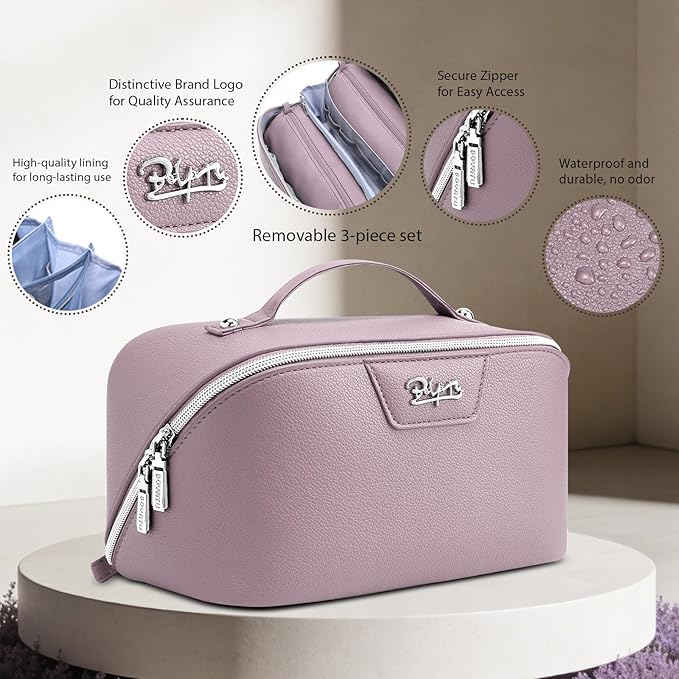 BOYATU Travel Makeup Bag Cosmetic Bags for Women: Large Capacity 3 Pcs Set Make up Bag with Compartments - Waterproof Vegan Leather Toiletry Organizer Bags with Handle (L28Purple)