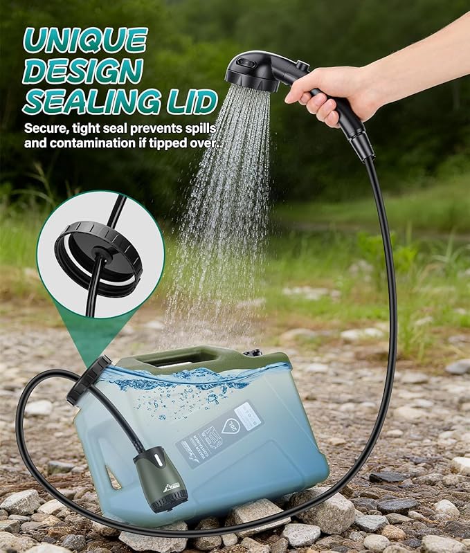 Portable Shower for Camping with 5-Gallon Water Jug, 6000mAh Rechargeable Outdoor Camping Shower Kit, IPX8 Waterproof Pump, Easy to Store for Hiking, Beach, 5-Mode Shower Head