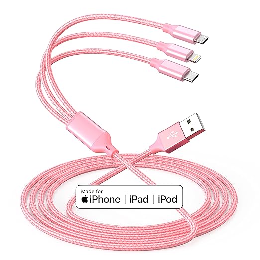 Multi Charging Cable 4ft 3Pack 3 in 1 Charger Cord, Multiple Rapid Nylon Braided Cable USB Charging Cable Multi Phone Charger Cord with Type C Micro Lightning USB Connectors for Cell Phones Pink