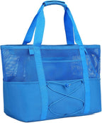 Fammart Mesh Beach Bag, Large Beach Tote with Zipper Pocket, Toys Pool Bag for Family Travel Vacation Cruise Essentials