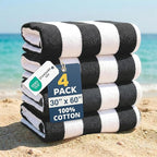 LANE LINEN Beach Towels 4 Pack - 520 GSM, (30" x 60") 100% Cotton Pool Towel for Adults - Thick & Highly Absorbent Extra Large Beach Towel - Super Soft & Quick Dry Cabana Stripe Pool Towel Set - Grey