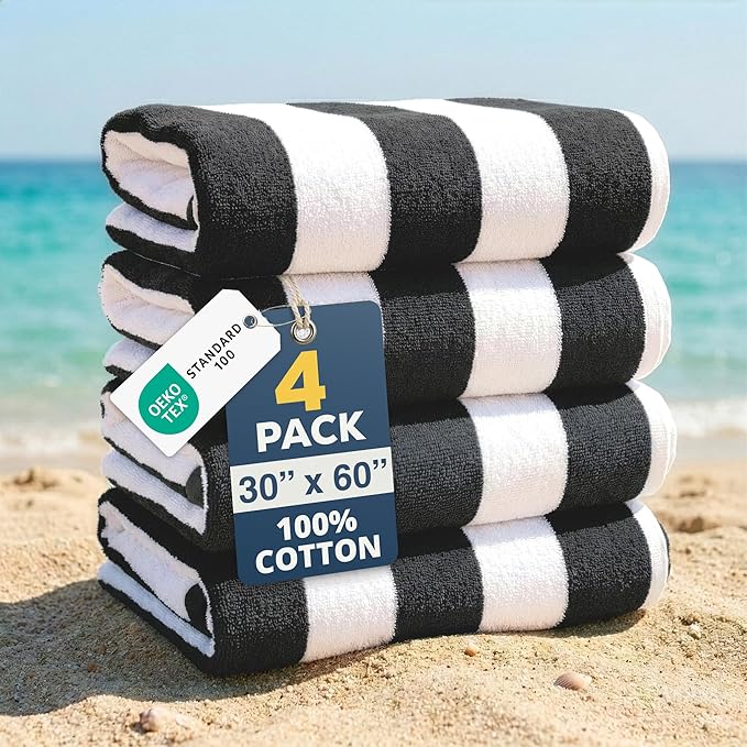 LANE LINEN Beach Towels 4 Pack - 520 GSM, (30" x 60") 100% Cotton Pool Towel for Adults - Thick & Highly Absorbent Extra Large Beach Towel - Super Soft & Quick Dry Cabana Stripe Pool Towel Set - Grey