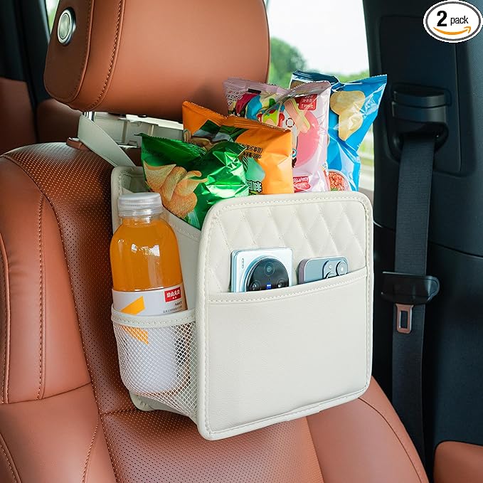 FrgKbTm 2Pack Car Seat Back Hanging Bag Car Document Holder Multi-Pocket Bottle Bag Storage Box Organizer Travel Tidy Pouch Pocket Kids Beige