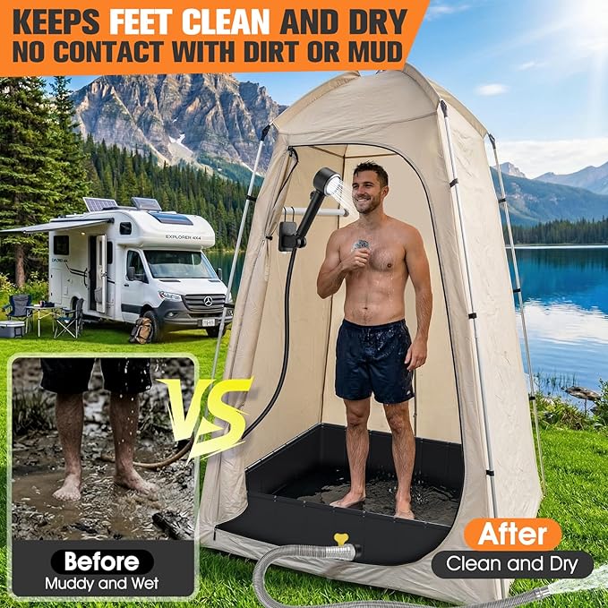 2026 Upgraded Portable Camping Shower with Portable Shower Pan,10000Mah Rechargeable Portable Shower Head with Camp Shower Floor,Outdoor Shower Pan with Drain Hose,5 Spray Portable Shower Pump