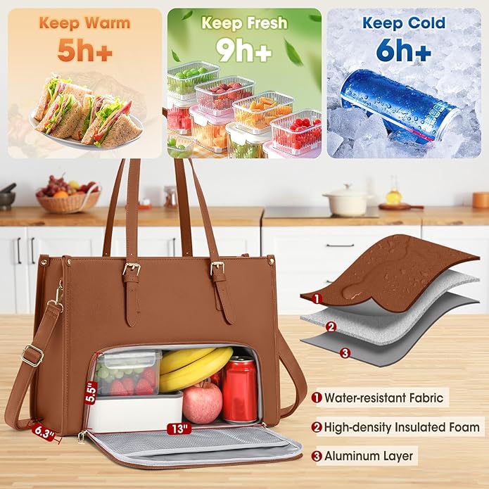 Laptop Bag for Women with Insulated Lunch Compartment 15.6 Inch Pu Leather Work Tote Computer Briefcase Bag for Office
