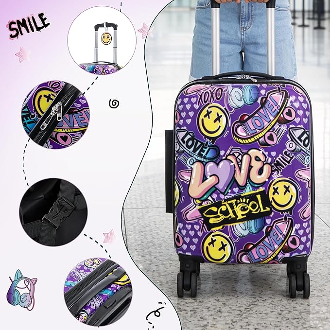 Rosamo Kid’s Luggage Set 6 Piece Suitcase Set 16" Hardside Luggage with Spinner Wheels Girls Boys Carry on Luggage Travel Rolling Luggage Airline Approved (Emoji)