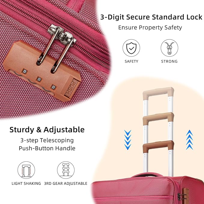 Softsied Suitcases 4 Piece Luggage, Polyester with Spinner Wheels and Lock, Suitable for Carrying Around and for Travel, Unisex, Rose Red