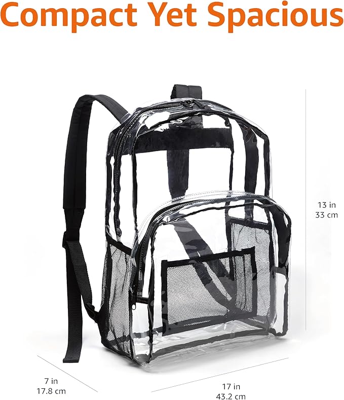 Amazon Basics Transparent Clear School Backpack, Water-Resistant PVC Plastic, Reinforced Shoulder Straps, 17 x 7 x 13 in