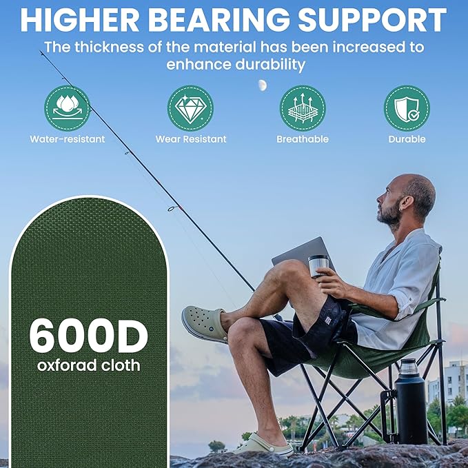 2-Pack Foldable Camping Chairs with Cup Holder, 300LB Lawn Portable Folding Chairs for Adults, Lightweight Outdoor Beach Chairs with Carry Bag for Camp, Fishing, Sports (Green)