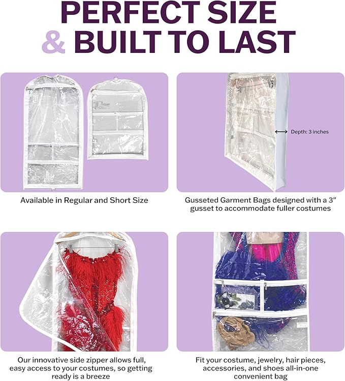 Clear Garment Bags for Dance Costumes 3-Pack, Gusseted, Regular-Size, Side Zipper Entry, Storage Pockets for Accessories, 37”x18”x3”, Dream Duffel