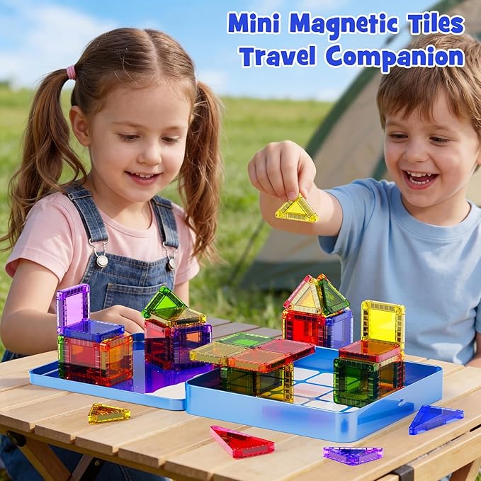 Mini Magnetic Tiles Travel Kit for Kids Ages 3-8, 60pcs Portable Magnetic Building Blocks with Visual Storage Guide & Metal Play Base, STEM Sensory Toys for Preschool Learning