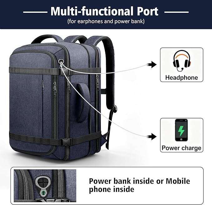 Travelability Carry On Backpack,Expandable 1-7 DAYS Roomy Travel Backpack with Cable Access Port,Anti Theft Water Resistant Fits 18.4"Laptop Large Business Backpack for Men Women,Flights Approve,Blue