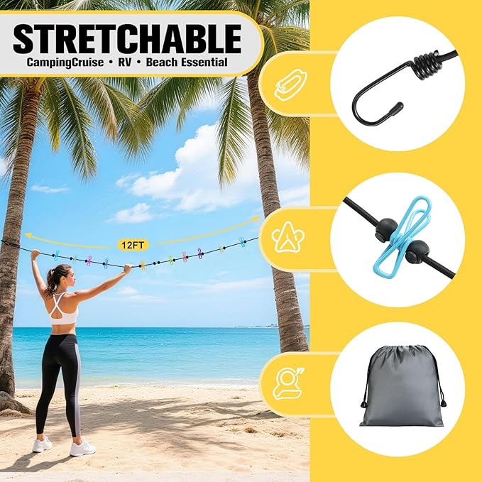 Clothesline Camping Essentials, Elastic Travel Clothes Line Camping Gear for Outdoor Glamping, Cruise and RV Must Haves, 1 Count