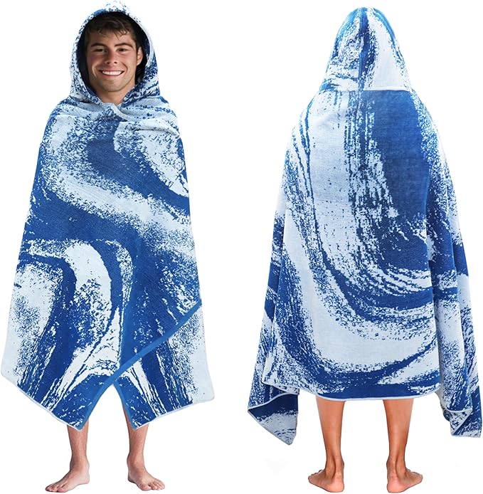 COTTON CRAFT Hooded Beach Towel – Oversized 39 x 68 Towel with Hood for Adults - Summer Wave - 100% Cotton Velour Terry Jacquard Towel - Pool Bath Wrap - 450 GSM - Soft Absorbent Quick Dry – Blue