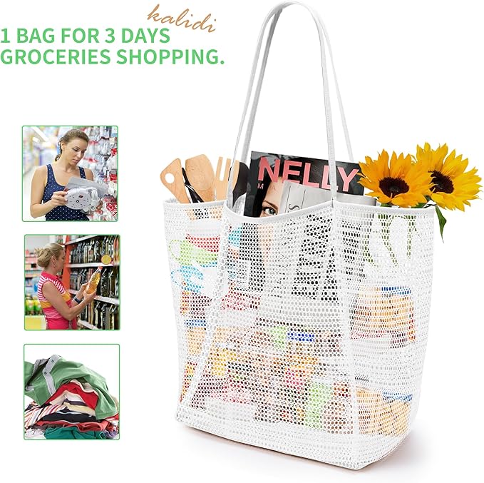 KALIDI Beach Nylon Mesh Tote Bag, Casual Tote Bag Hobo Women Foldable MAX 23L Shoulder Bag For Beach Picnic Vacation