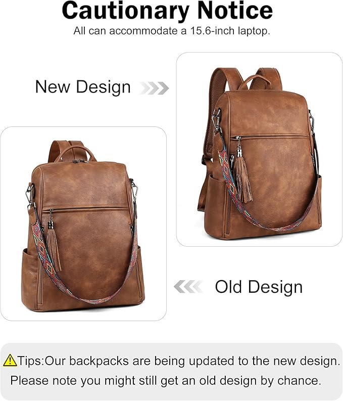 FADEON Leather Laptop Backpack for Women Designer 15.6 inch PU Laptop Bag, Ladies Travel Computer Work Backpack Brown